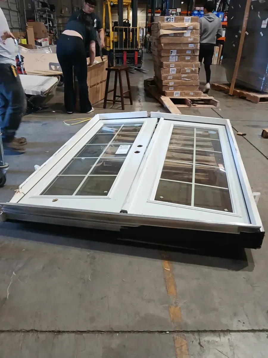 *** The frame is damaged—broken*** 60 in. x 80 in. White Primed Left-Hand/Inswing Tempered Glass Steel Double Prehung Patio Door with Wood Frame - image 5
