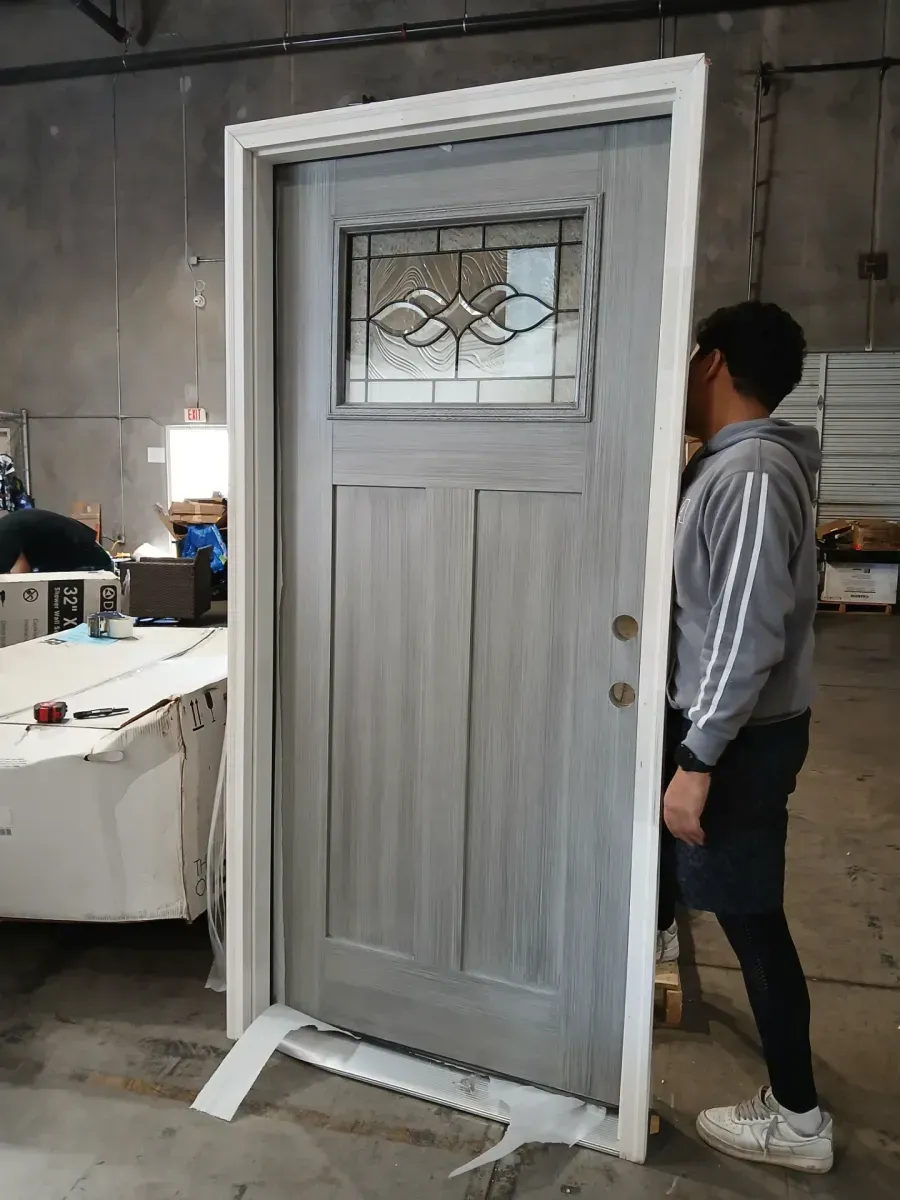 36 in. x 80 in. Stone Right-Hand 1-Lite Craftsman Carillon Stained Fiberglass Prehung Front Door with Brickmould - image 2