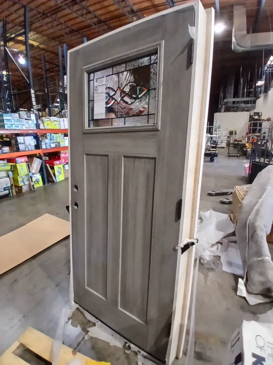 36 in. x 80 in. Stone Right-Hand 1-Lite Craftsman Carillon Stained Fiberglass Prehung Front Door with Brickmould - image 3