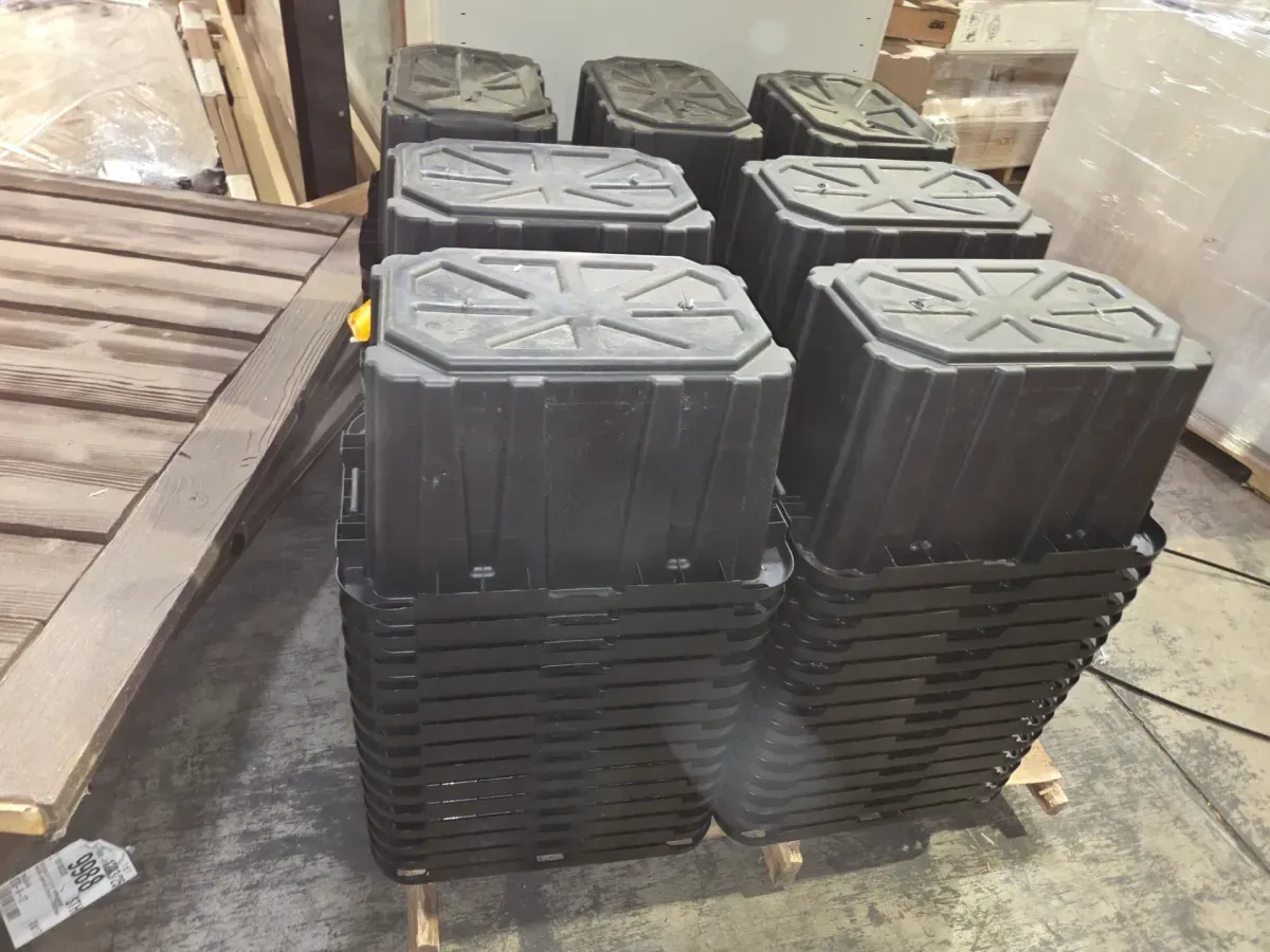 ***98-piece palette—all items are missing their lids.***7 Gal. Tough Storage Tote in Black with Red Lid - image 2