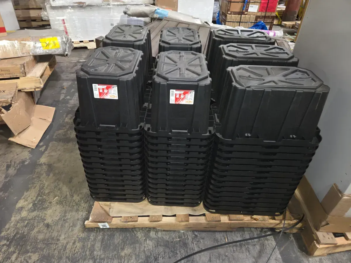 ***98-piece palette—all items are missing their lids.***7 Gal. Tough Storage Tote in Black with Red Lid - image 4