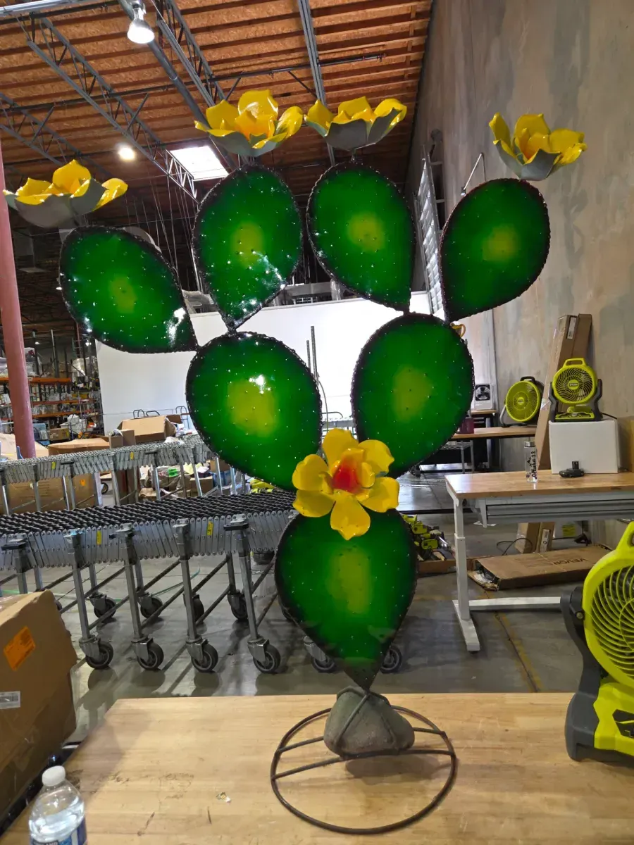 Handmade metal cactus Granden sculpture w/ flowers - rustic outdoor decor southwest style - image 1
