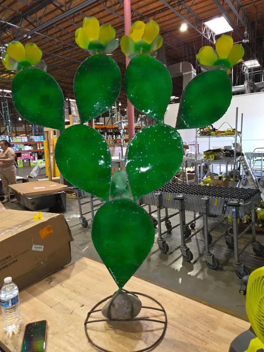 Handmade metal cactus Granden sculpture w/ flowers - rustic outdoor decor southwest style - image 2