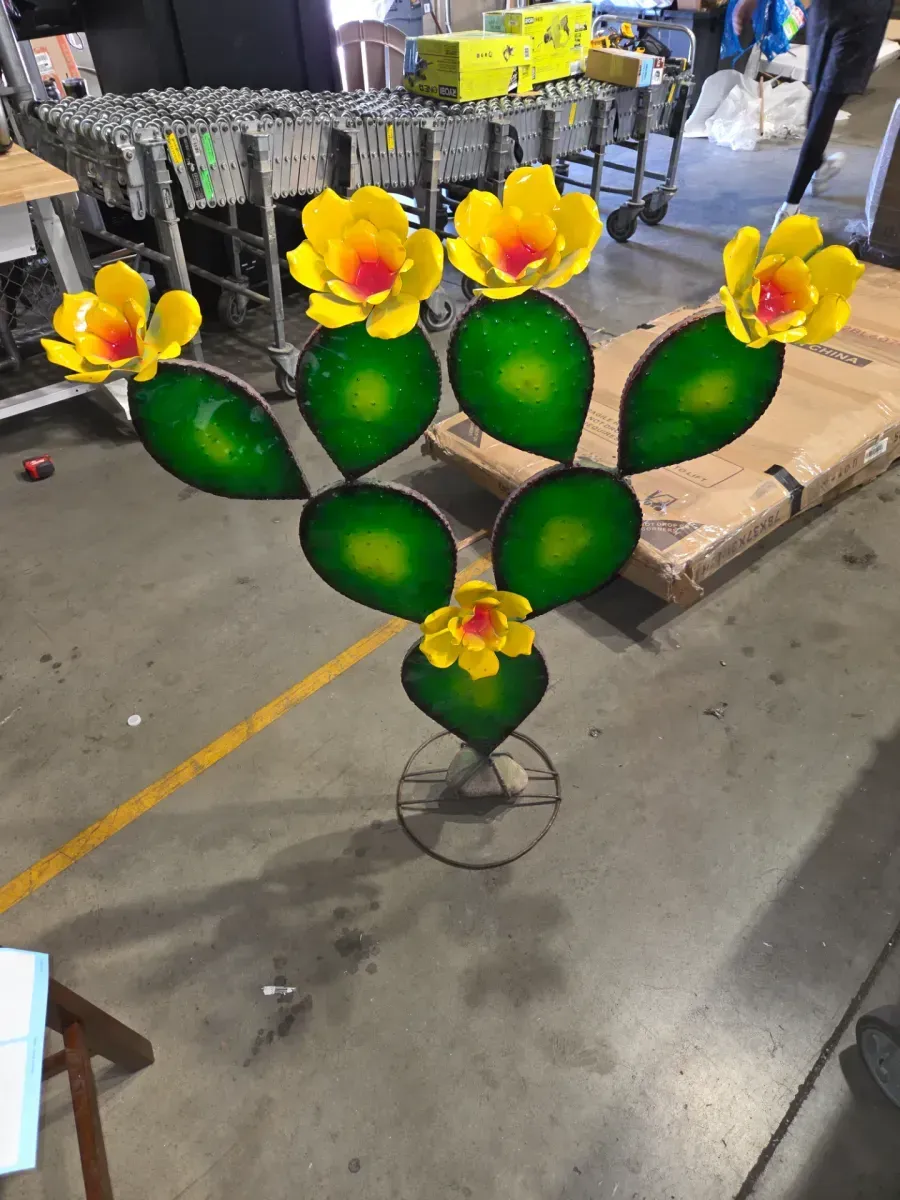 Handmade metal cactus Granden sculpture w/ flowers - rustic outdoor decor southwest style - image 3
