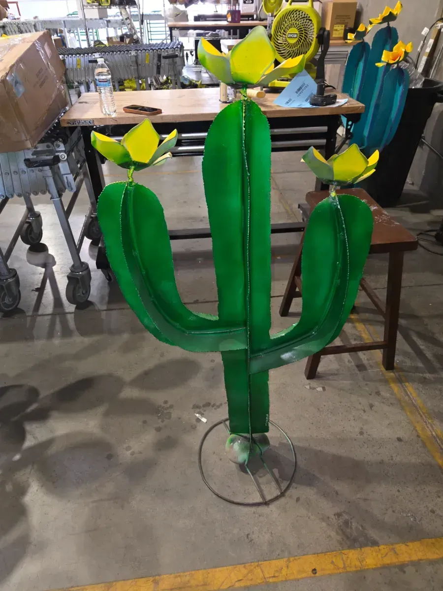 Handmade metal cactus Granden sculpture w/ flowers - rustic outdoor decor southwest style - image 1