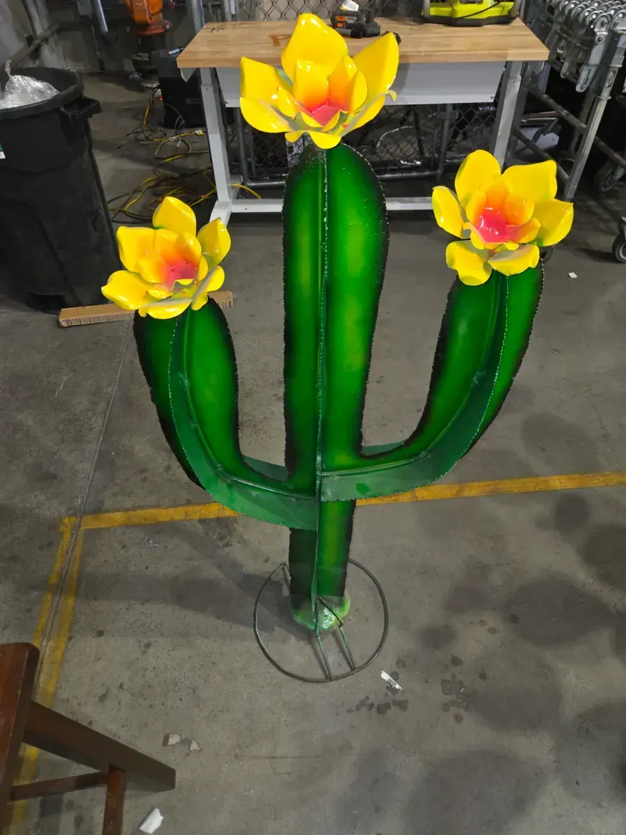 Handmade metal cactus Granden sculpture w/ flowers - rustic outdoor decor southwest style - image 2