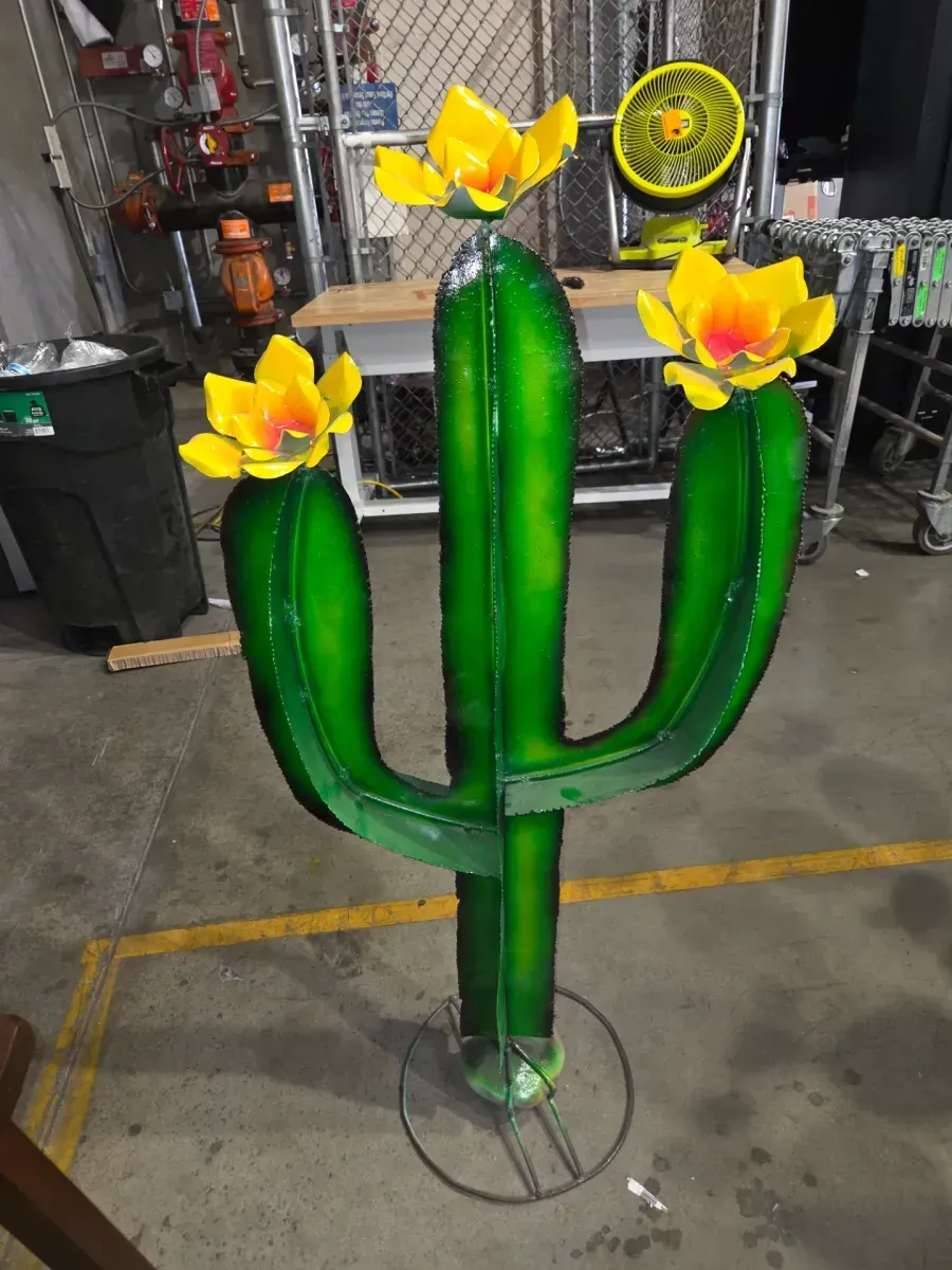Handmade metal cactus Granden sculpture w/ flowers - rustic outdoor decor southwest style - image 3