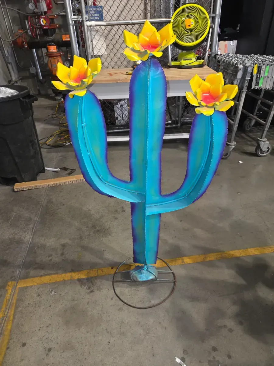Handmade metal cactus Granden sculpture w/ flowers - rustic outdoor decor southwest style - image 1