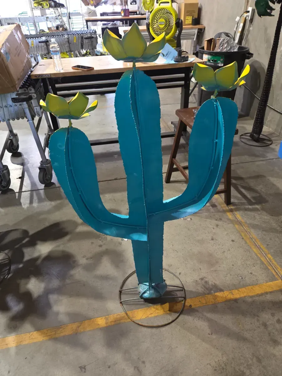 Handmade metal cactus Granden sculpture w/ flowers - rustic outdoor decor southwest style - image 2