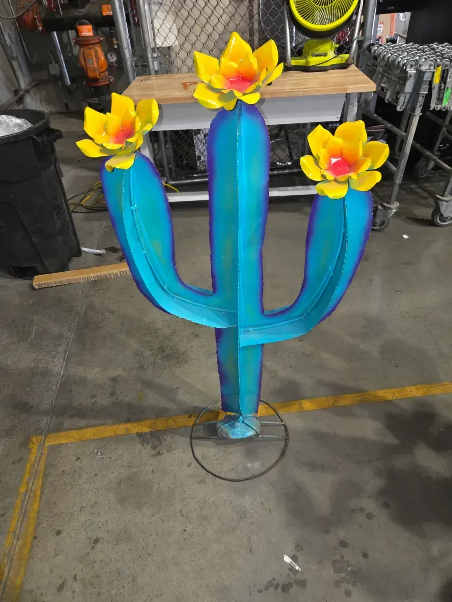 Handmade metal cactus Granden sculpture w/ flowers - rustic outdoor decor southwest style - image 3