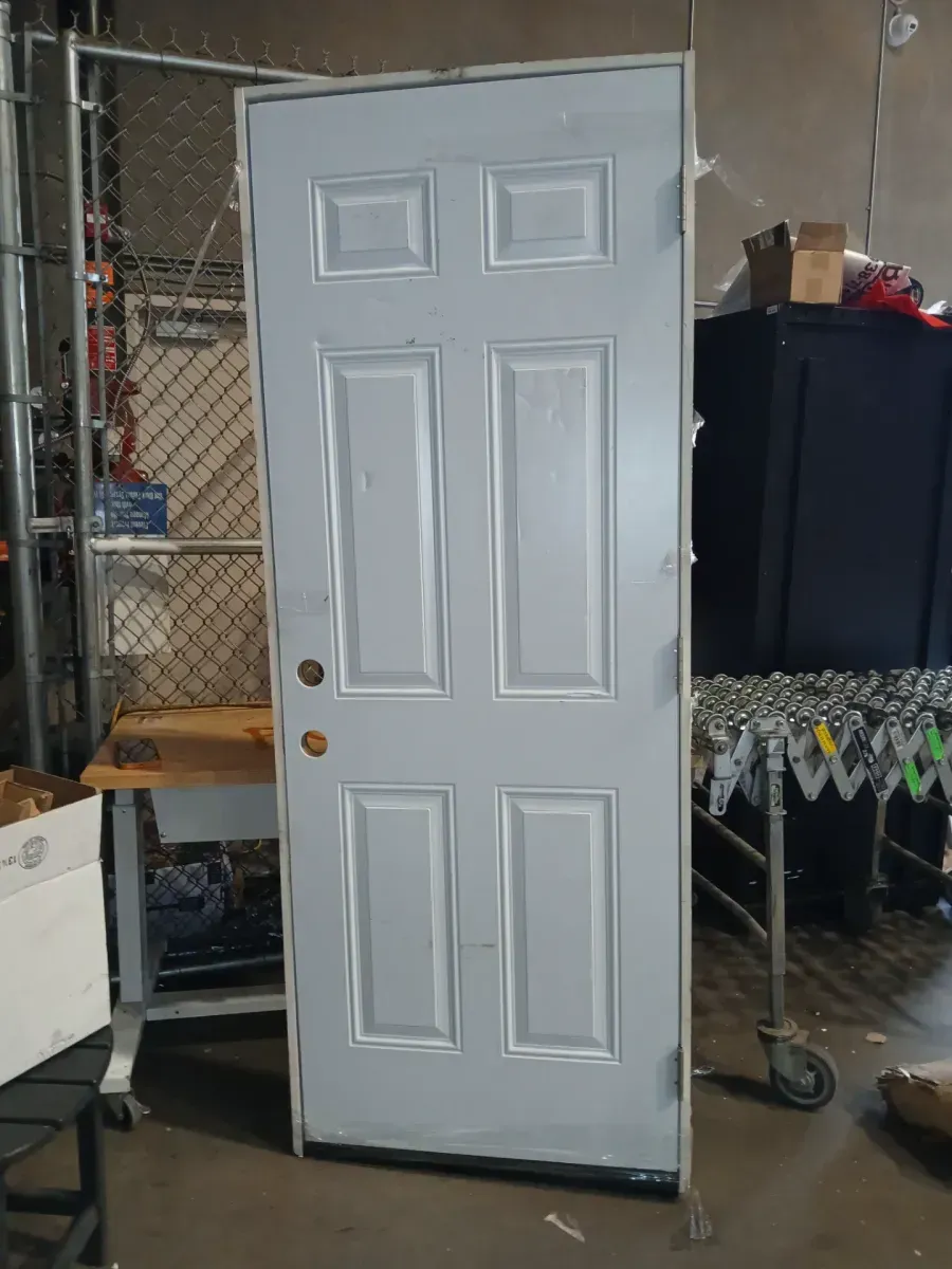 30 in. x 80 in. Fire-Rated Left Hand Inswing 6-Panel Primed Steel Fire Prehung Front Exterior Door with Wood Frame - image 2