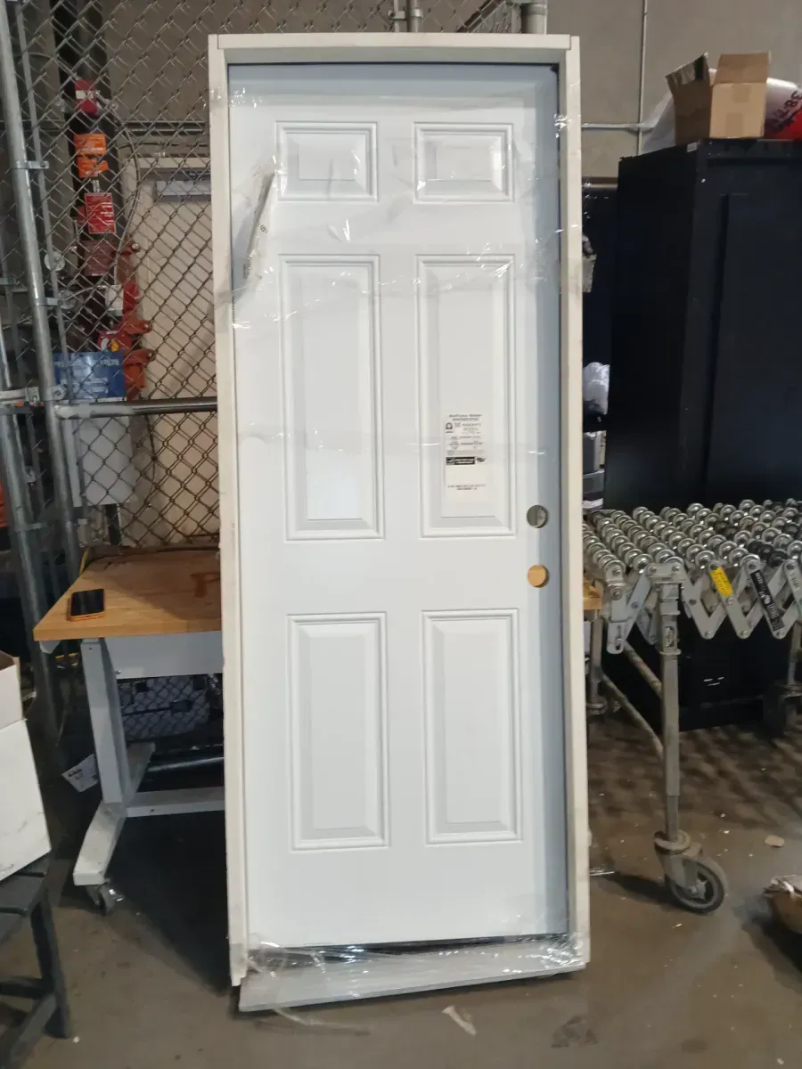 30 in. x 80 in. Fire-Rated Left Hand Inswing 6-Panel Primed Steel Fire Prehung Front Exterior Door with Wood Frame - image 3