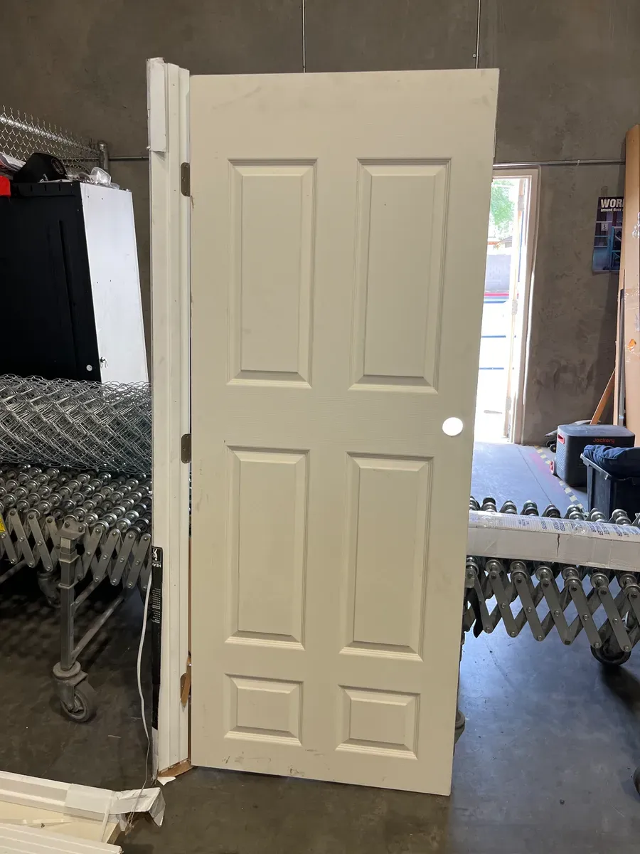 32 in. x 80 in. 6 Panel Left-Handed Primed Composite Solid Core Single Prehung Interior Door 4-9/16 in. Flat Jamb - image 2