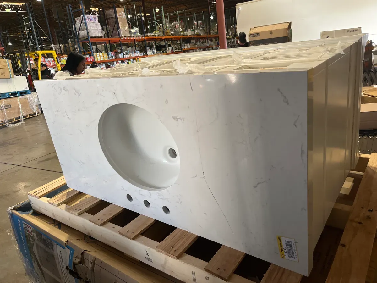 *** The porcelain part is broken ***Queen 48 in. Pure White With Quartz Carrara Vanity Top With Ceramics White Basins - image 4