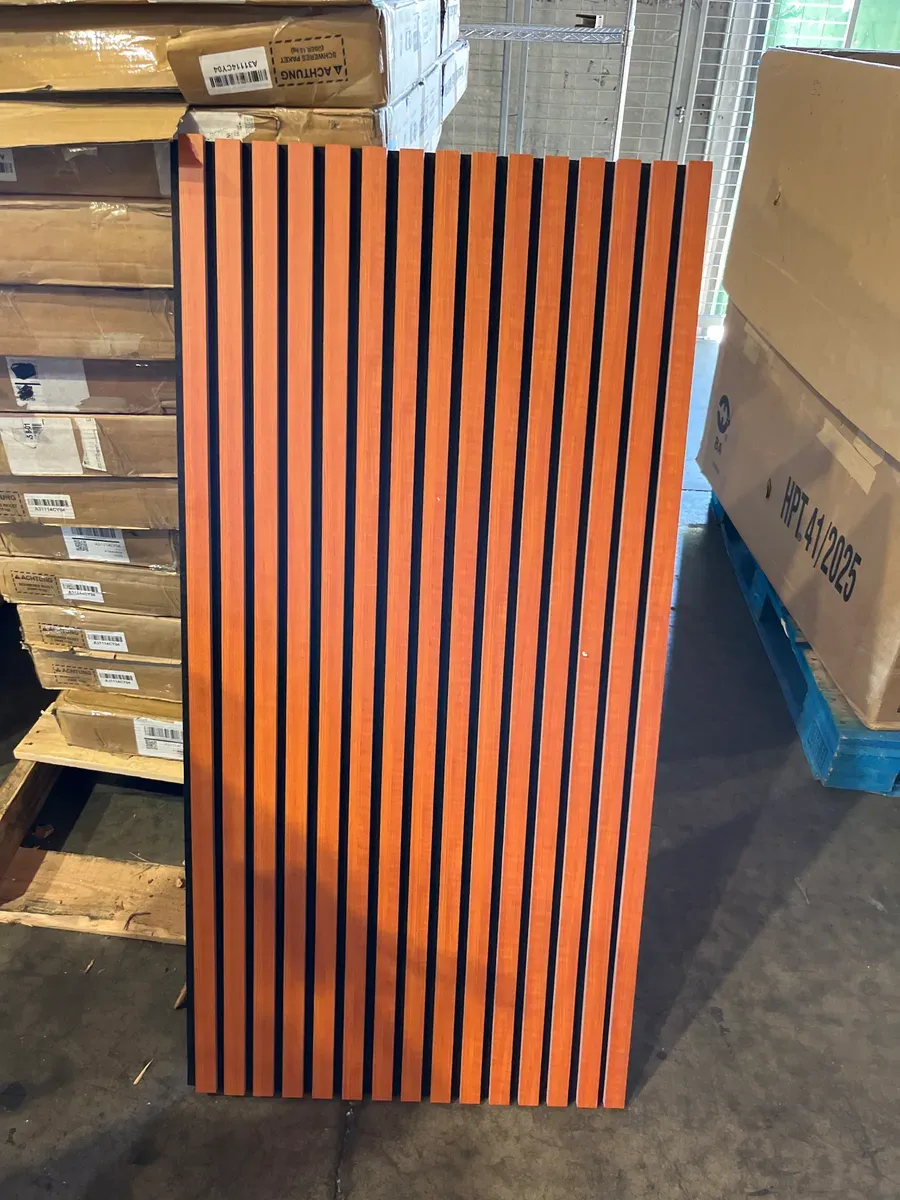 ***Pallet of 14 cases***4/5in. x 2ft. x 4ft. Cherry Slat MDF Decorative Acoustic Wall Paneling, 3D Fluted Sound Absorbing Panels (4-Pack) - image 1