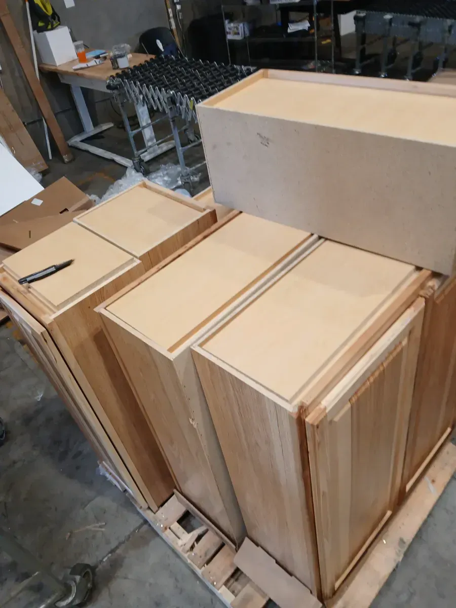 **one has a minor  dent **31 in. W x 24 in. D x 96 in. H Plywood Ready to Assemble Floor Base Double Oven Kitchen Cabinet in White with A Drawer - image 9