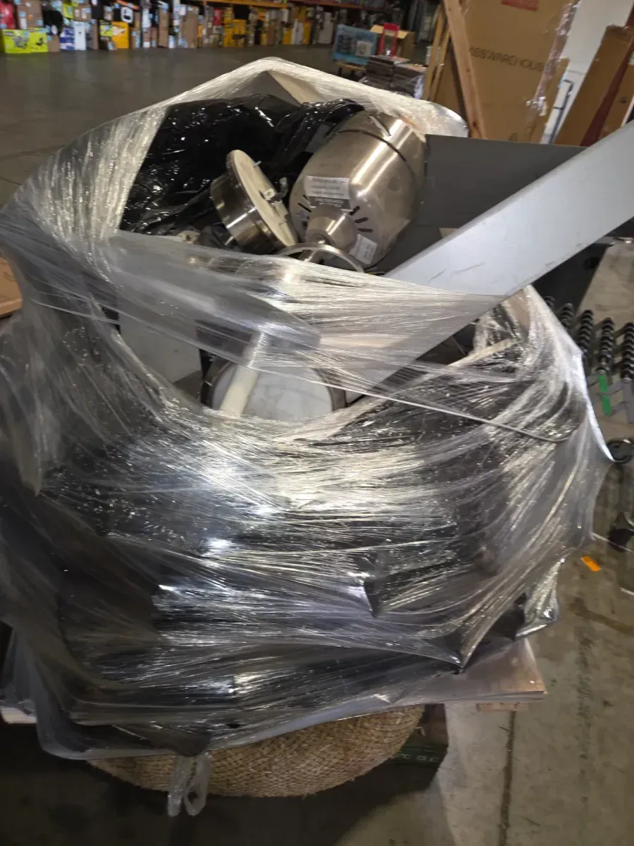 Pallet of damaged, used ceiling fans with missing parts—various models, brands, and colors. - image 1