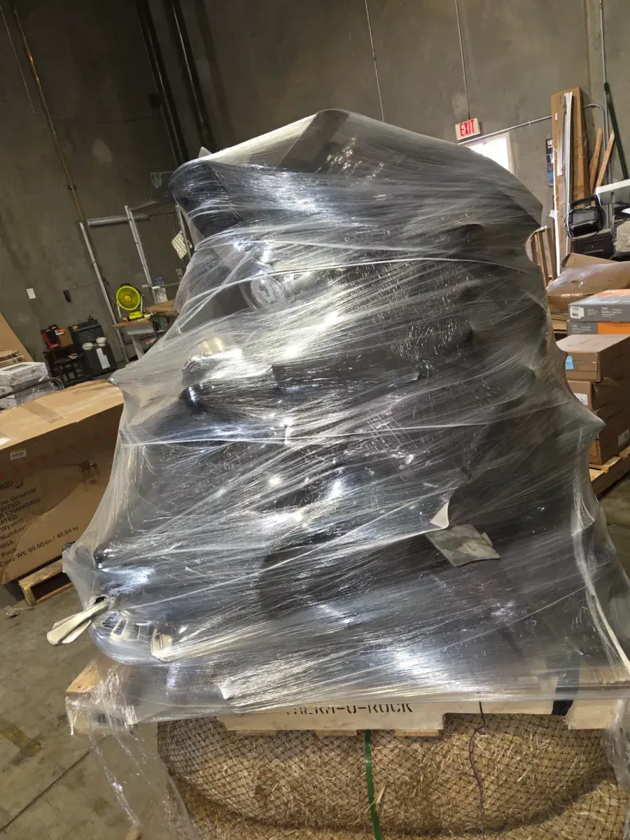 Pallet of damaged, used ceiling fans with missing parts—various models, brands, and colors. - image 3