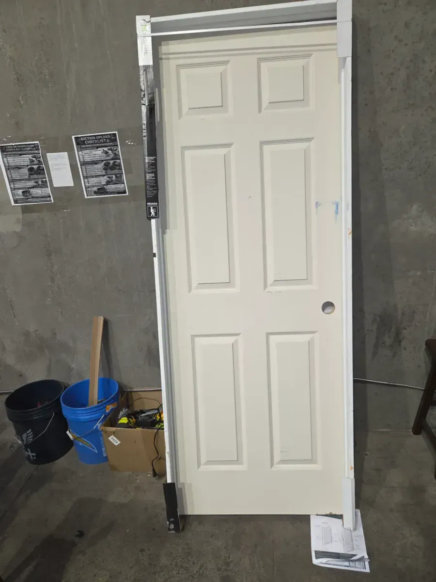 *** With frame *** Masonite 30 in. x 80 in. 6 Panel Left-Handed Primed Composite Hollow Core Single Prehung Interior Door 4-9/16 in. Flat Jamb - image 1