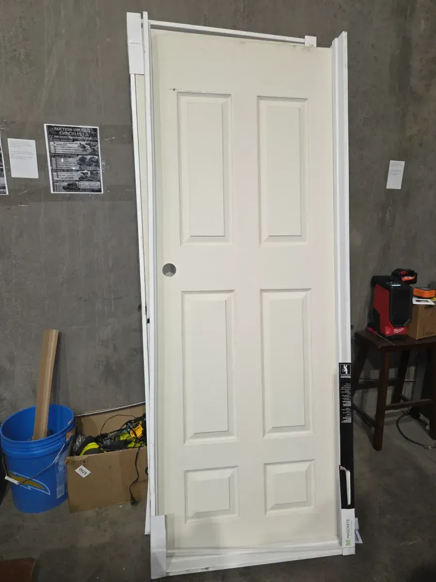 *** with frame ***Masonite 30 in. x 80 in. 6 Panel Left-Handed Primed Composite Hollow Core Single Prehung Interior Door 4-9/16 in. Flat Jamb - image 1