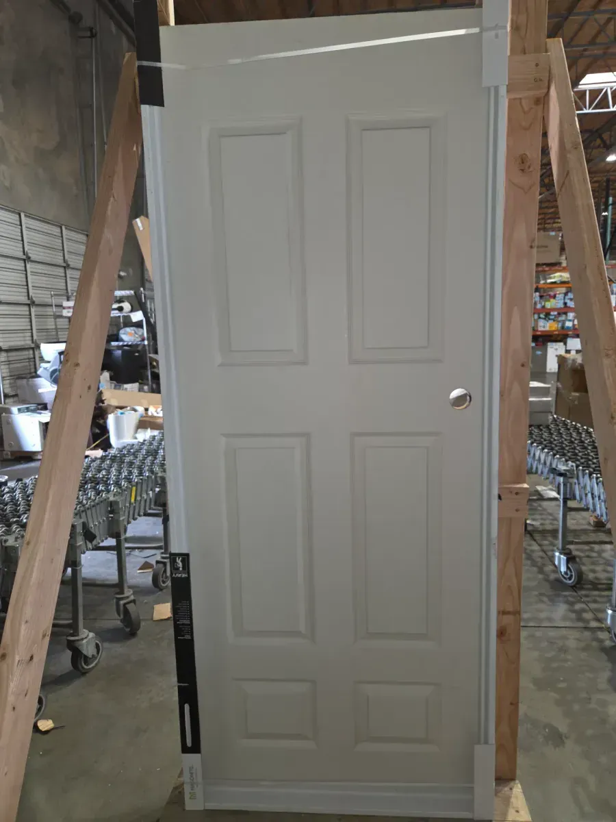 *** with frame ***Masonite  30 in. x 80 in. 6 Panel Left-Handed Primed Composite Hollow Core Single Prehung Interior Door 4-9/16 in. Flat Jamb - image 1