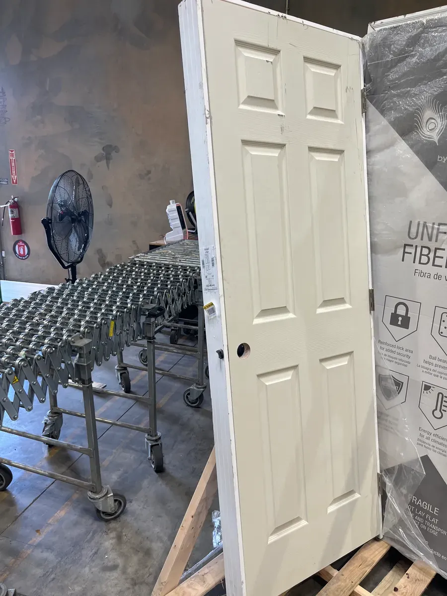 28 in. x 80 in. 6 Panel Right-Handed Primed Composite Hollow Core Single Prehung Interior Door 4-9/16 in. Flat Jamb - image 1