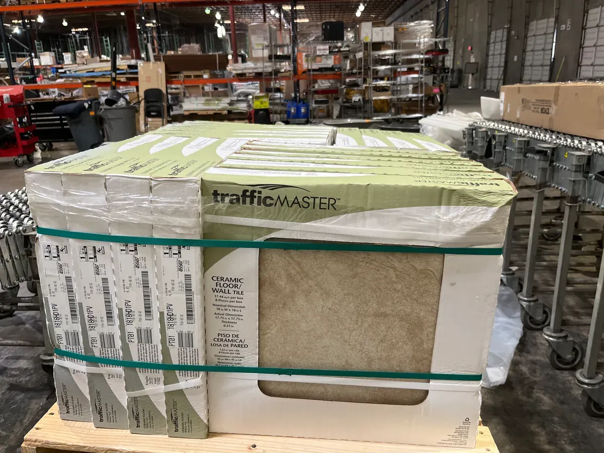 **Pallet of 20(sq. ft./ case 348.8***TrafficMaster Portland Stone Beige 18 in. x 18 in. Glazed Ceramic Floor andWall Tile (17.44) - image 1
