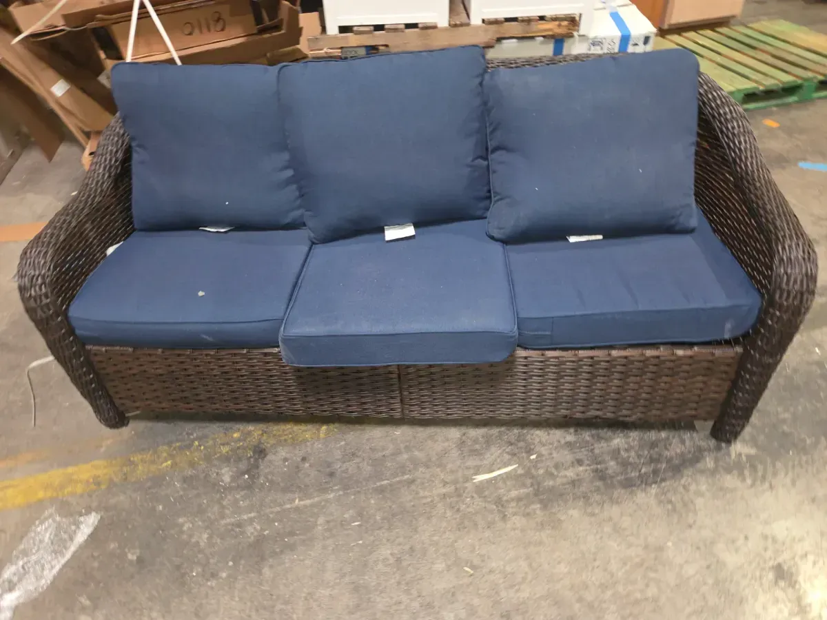 3-Seat Wicker Outdoor Couch Patio Sofa with Blue Cushion - image 1