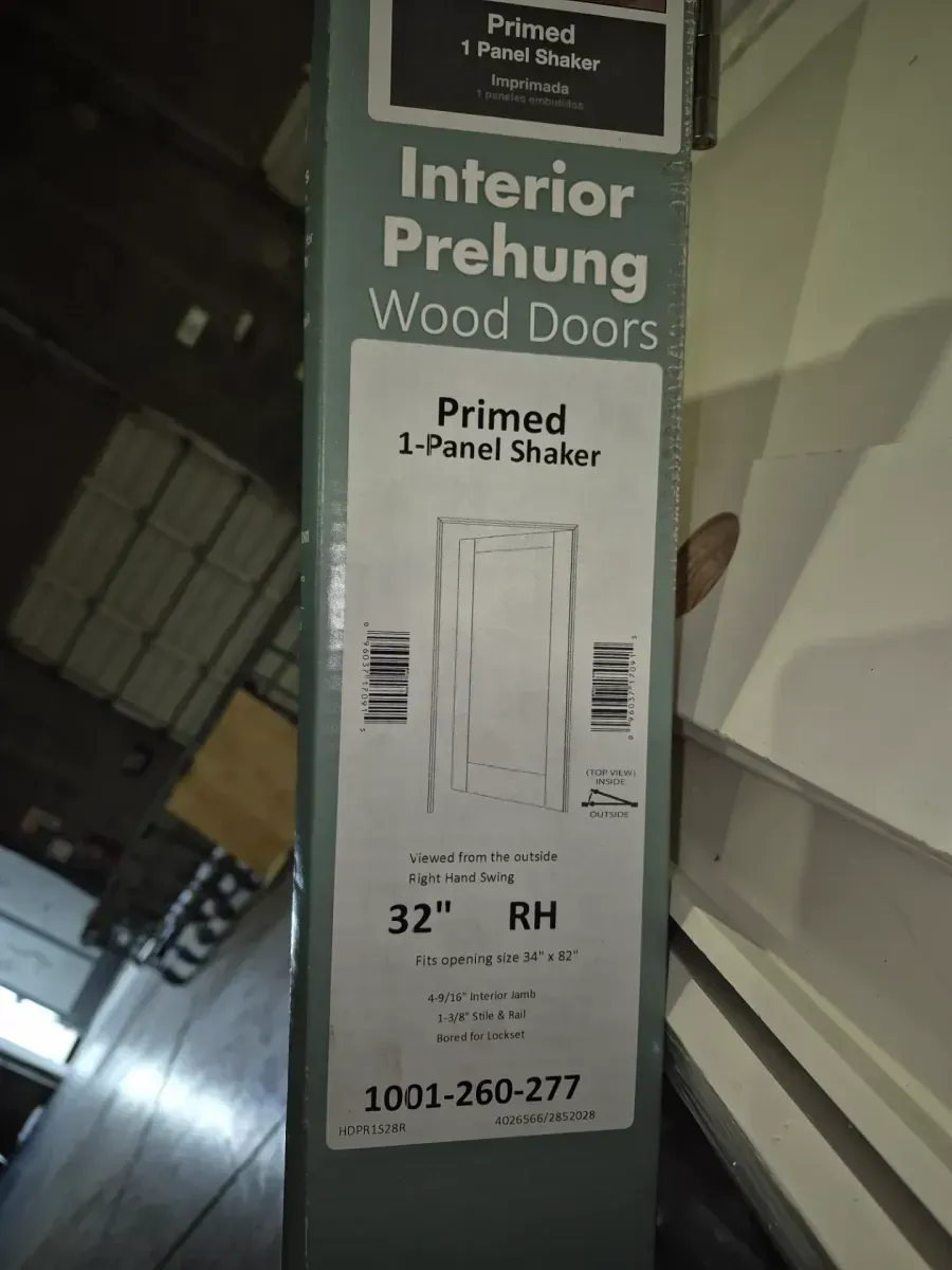 36 in. x 80 in. Shaker 1-Panel Primed Solid Hybrid Core MDF Right-Hand Single Prehung Interior Door - image 1