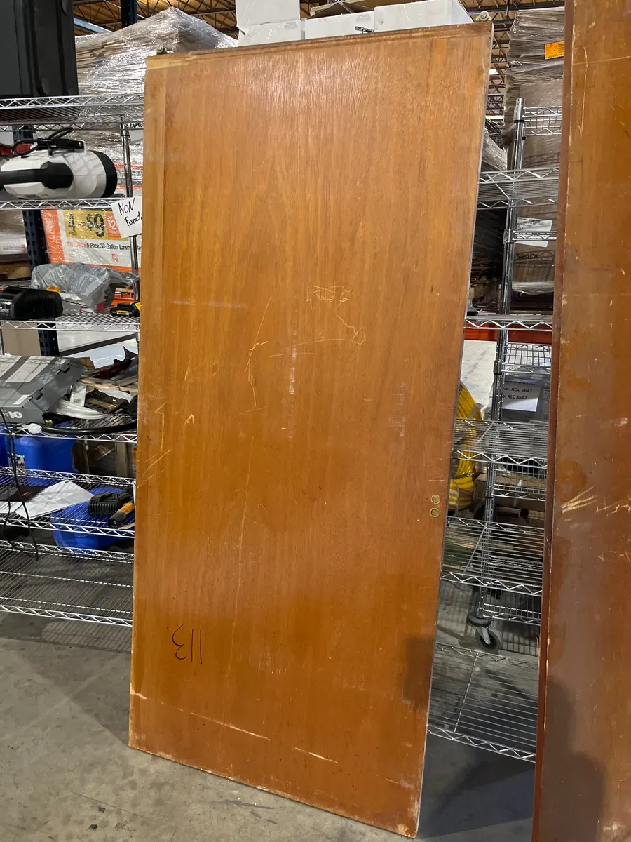 *** It has some scratches,The color of the title is different from the doors ***36in. x 80 in. Smooth Flush Cherry Solid Core MDF Interior Closet Sliding Door with Chrome Trim - image 2