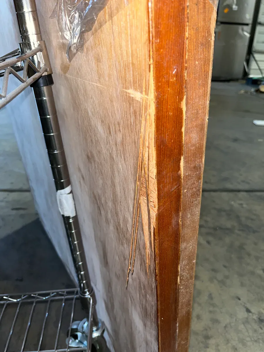 *** It has some scratches,The color of the title is different from the doors ***36in. x 80 in. Smooth Flush Cherry Solid Core MDF Interior Closet Sliding Door with Chrome Trim - image 3