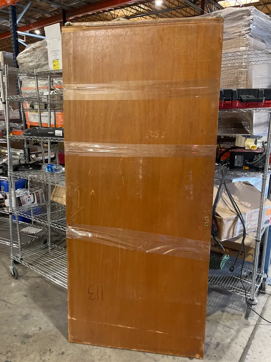 *** It has some scratches,The color of the title is different from the doors ***36in. x 80 in. Smooth Flush Cherry Solid Core MDF Interior Closet Sliding Door with Chrome Trim - image 4