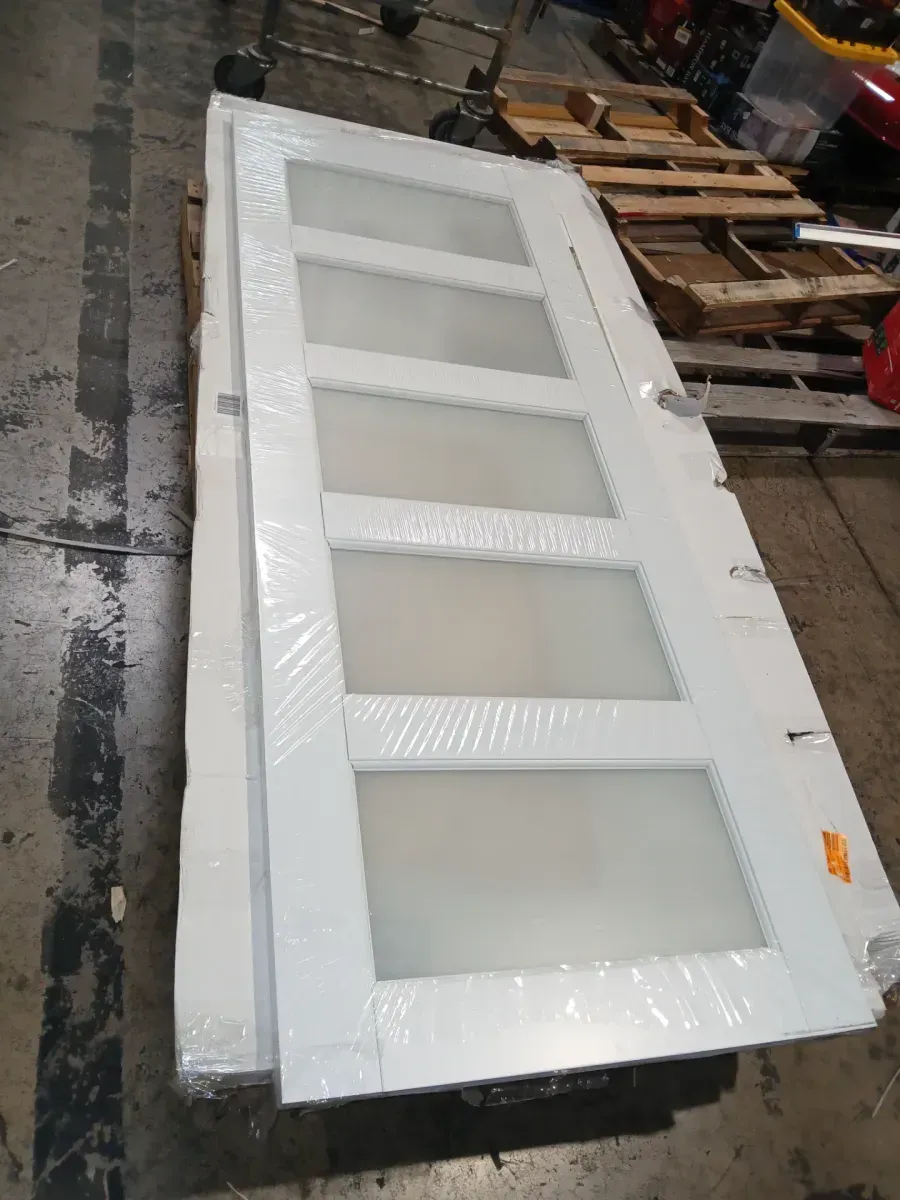 30 in. x 80 in. Solid Core 5-Lite Tempered Frosted Glass White Primed MDF Interior Door Slab - image 2