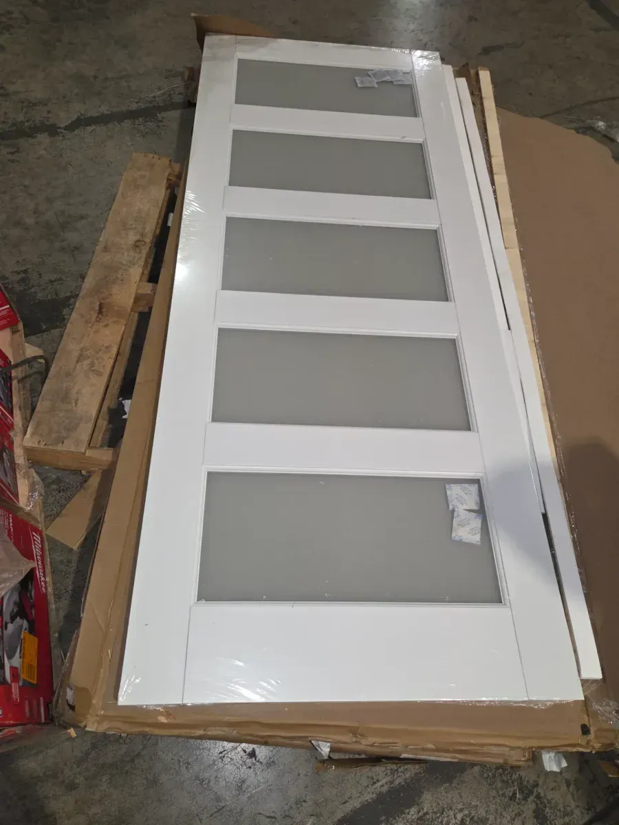 32 in x 80in 5 Frosted Glass Panel Shaker Style Interior Door (Primed) - image 1