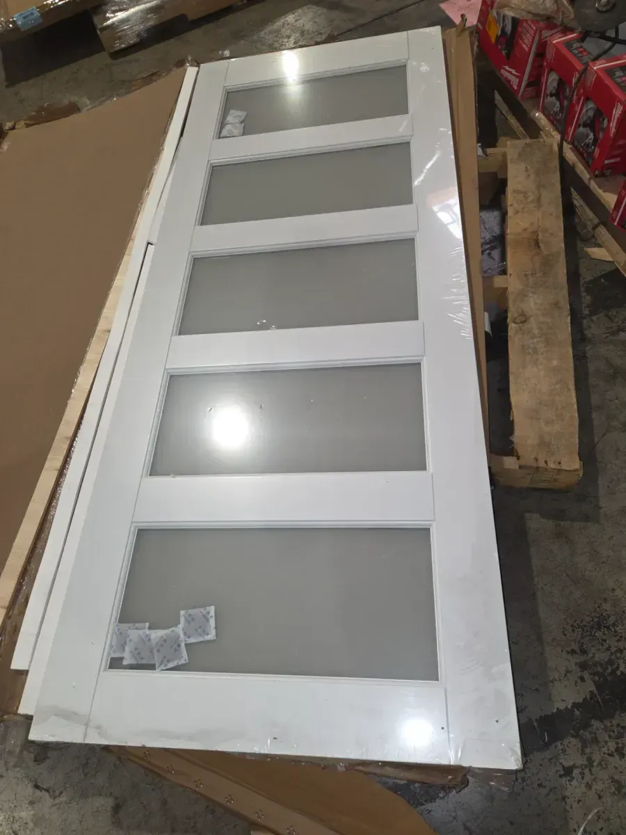 32 in x 80in 5 Frosted Glass Panel Shaker Style Interior Door (Primed) - image 2