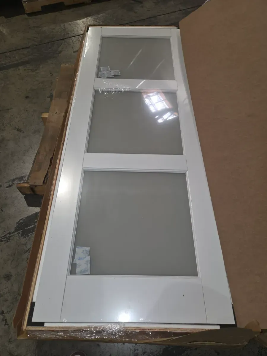 30 in. x 80 in. 3 Frosted Glass Solid Core White Finished Interior Barn Door Slab - image 2