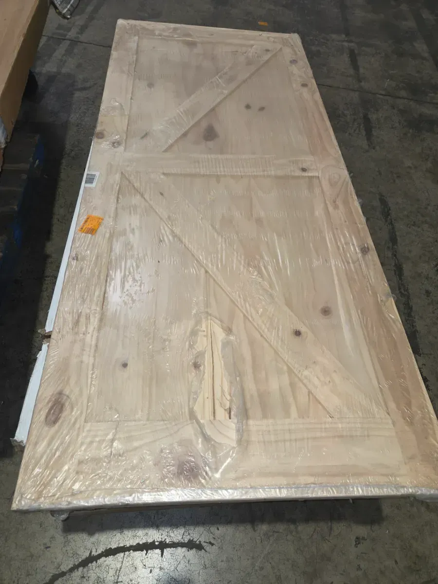 36 in. x 84 in. 5-in-1 Design Unfinished Solid Natural Pine Wood Panel Interior Sliding Barn Door Slab with Frame - image 1