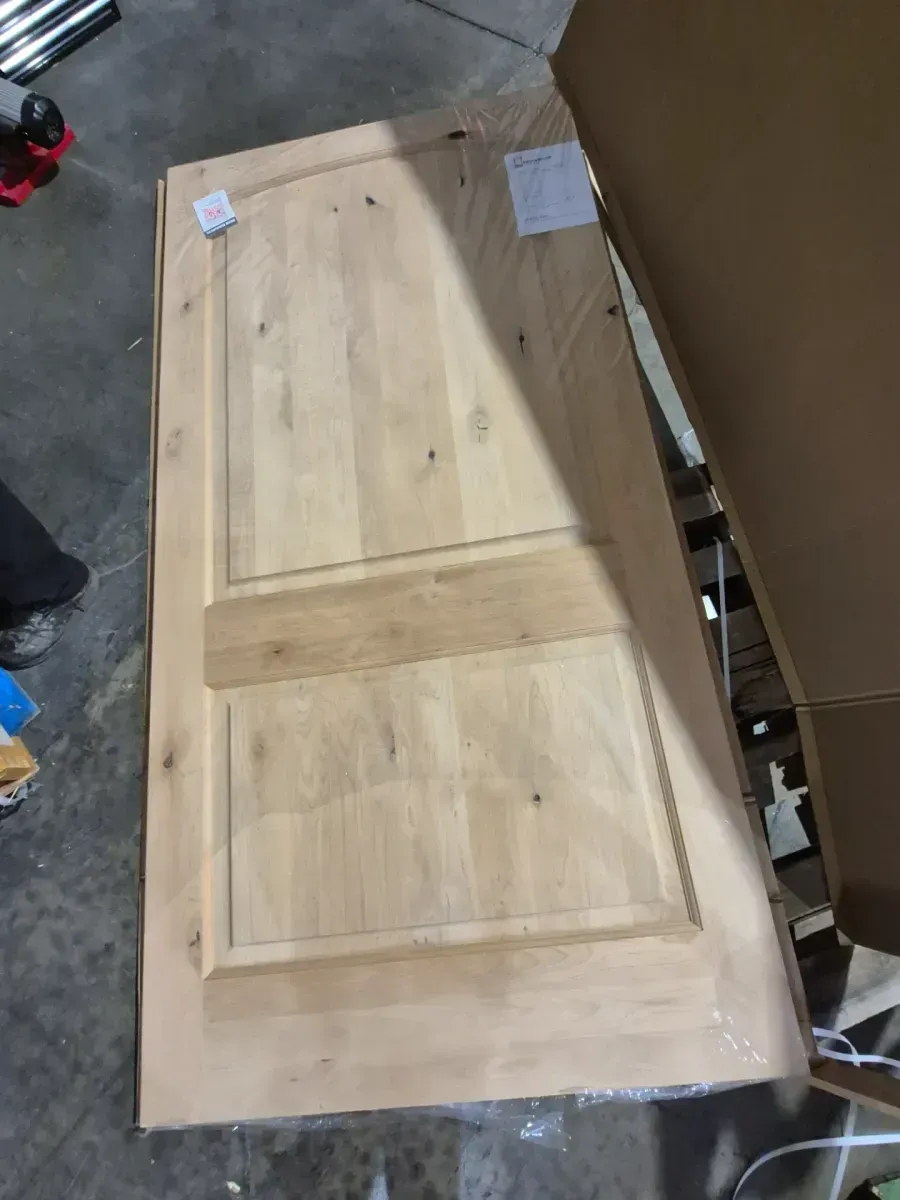48 in. x 96 in. Rustic Knotty Alder 2-Panel Top Rail Arch Unfinished Wood Front Door Slab - image 3