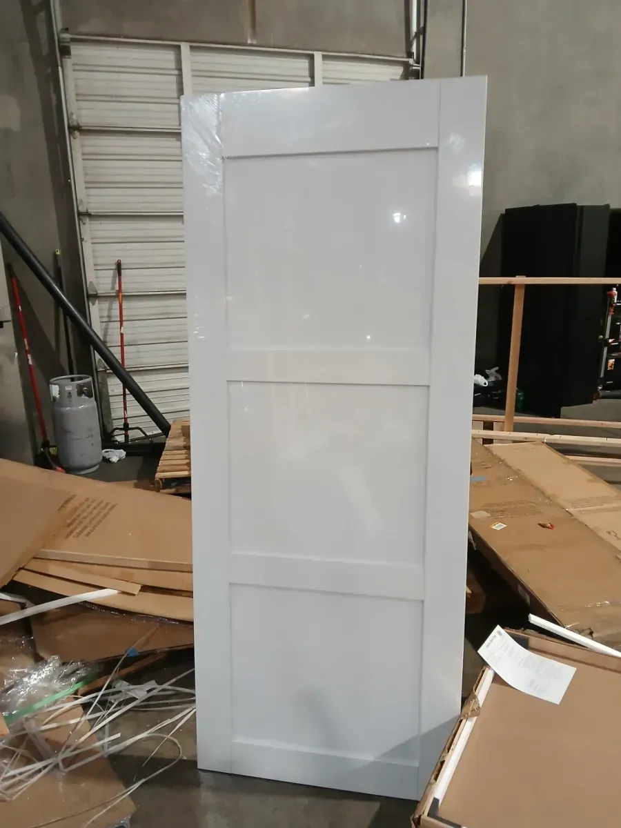 ARK DESIGN 32 in. x 80 in. 3-Paneled White Primed Wood Pocket Door with Steel Frame and Hardware (Soft Close and Black Lock Incl) - image 3