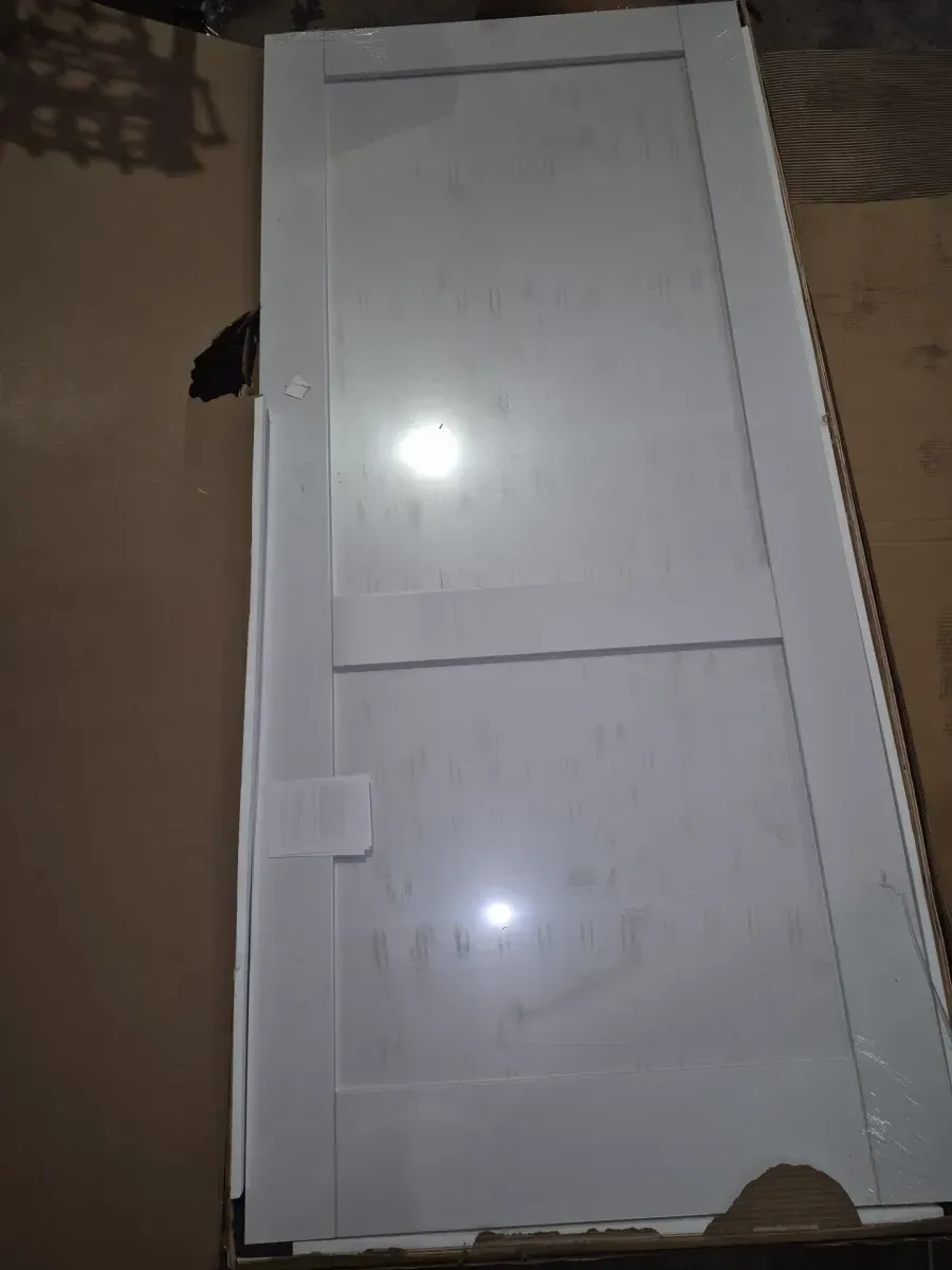 36 in. x 80 in. 2-Paneled White Primed Wood Pocket Door with Hardware Kit (Soft Close and Round Silver Handle Incl) - image 2