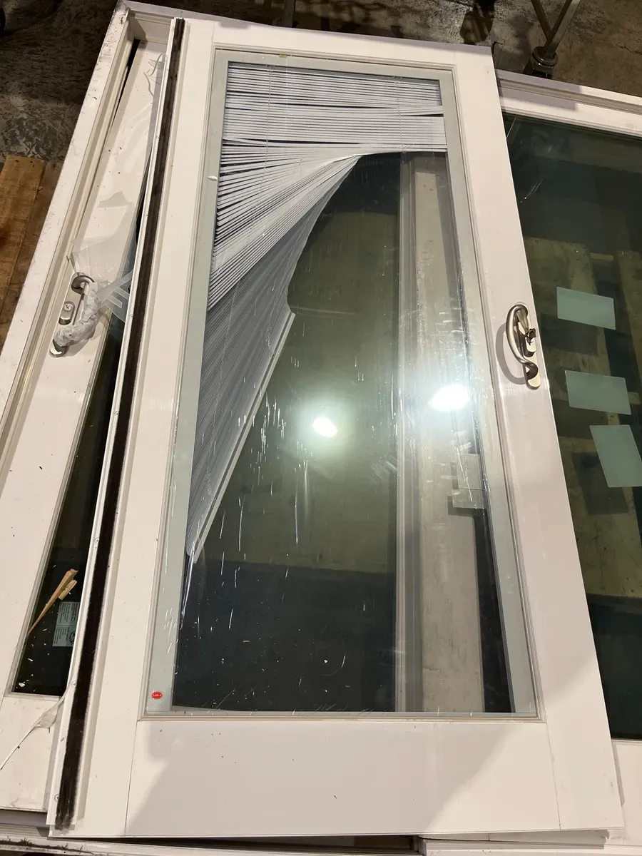 *** One side of the door comes out of the frame ***71 in. x 80 in. Smooth White Right-Hand Composite Sliding Patio Door with Low-E Built in Blinds - image 3