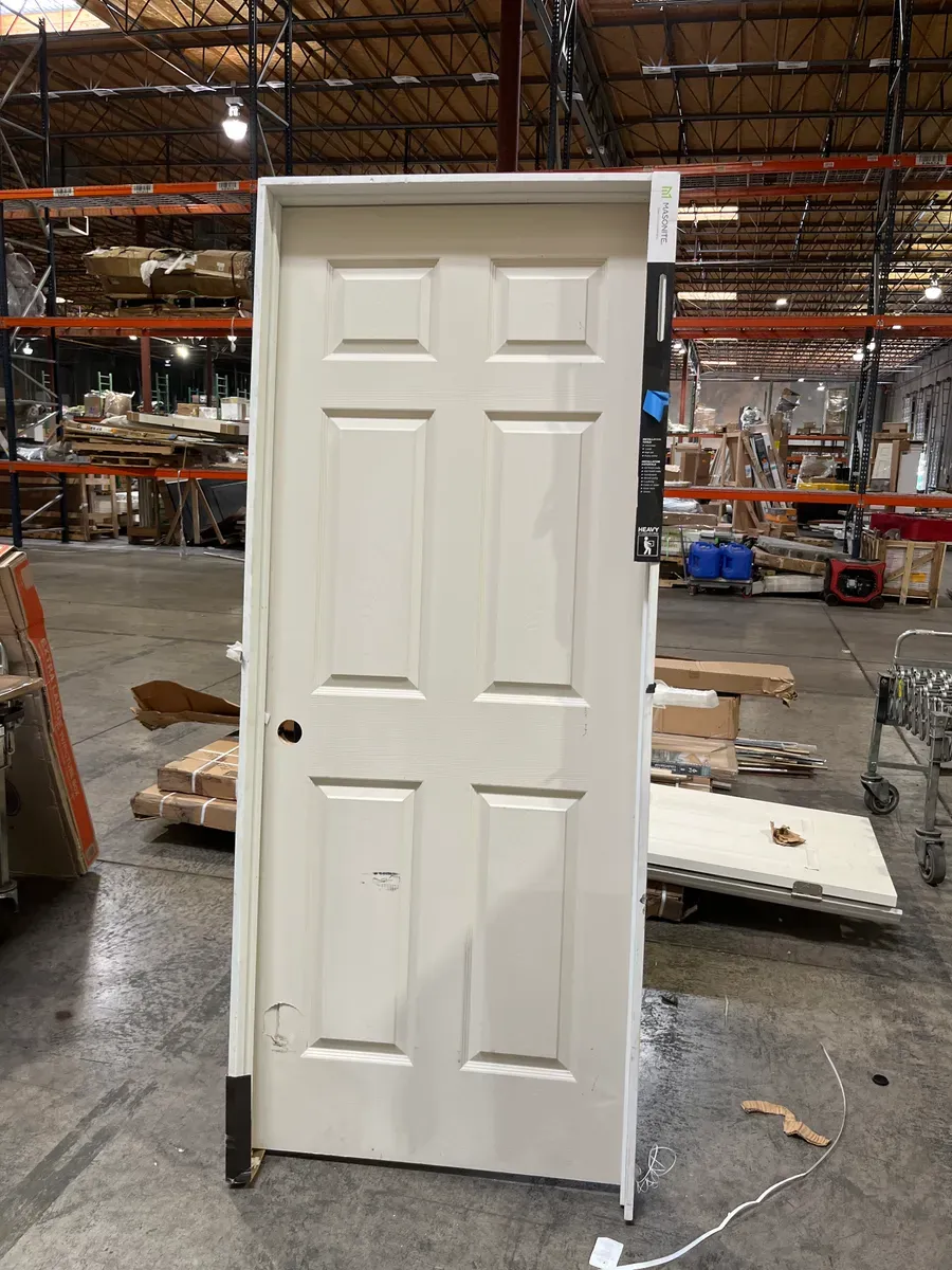 32in. x 80 in. 6 Panel Right-Handed Primed Composite Hollow Core Single Prehung Interior Door 4-9/16 in. Flat Jamb - image 1