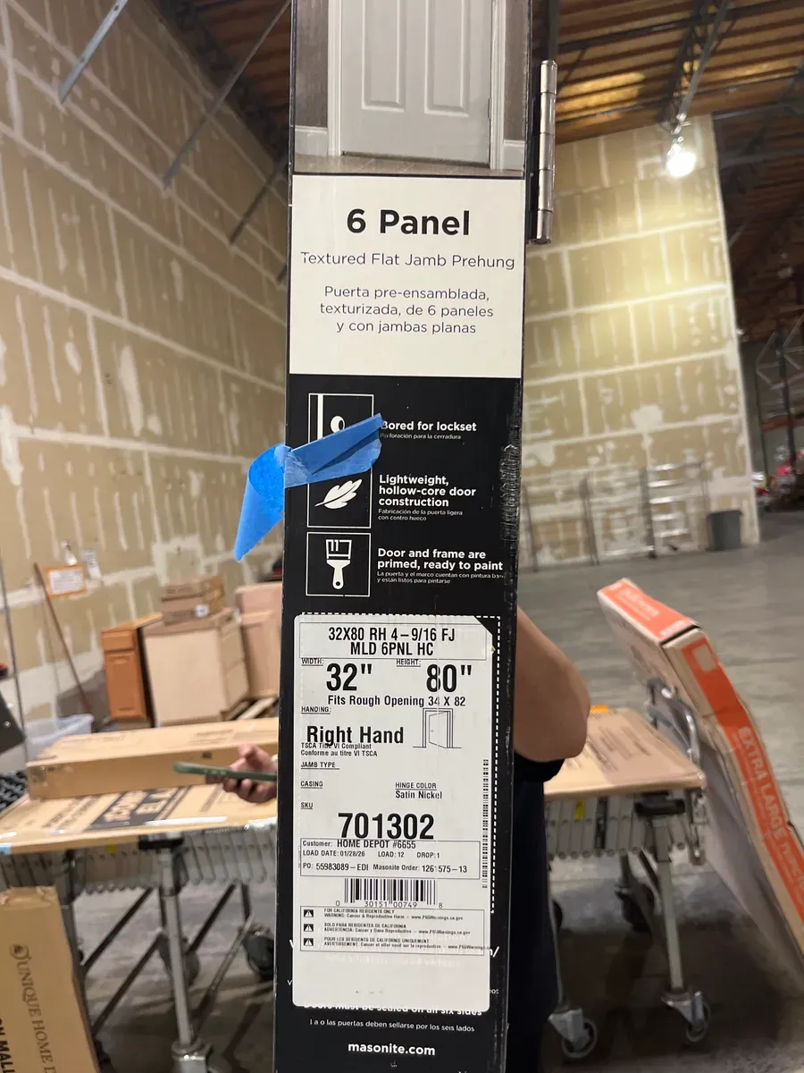 32in. x 80 in. 6 Panel Right-Handed Primed Composite Hollow Core Single Prehung Interior Door 4-9/16 in. Flat Jamb - image 2