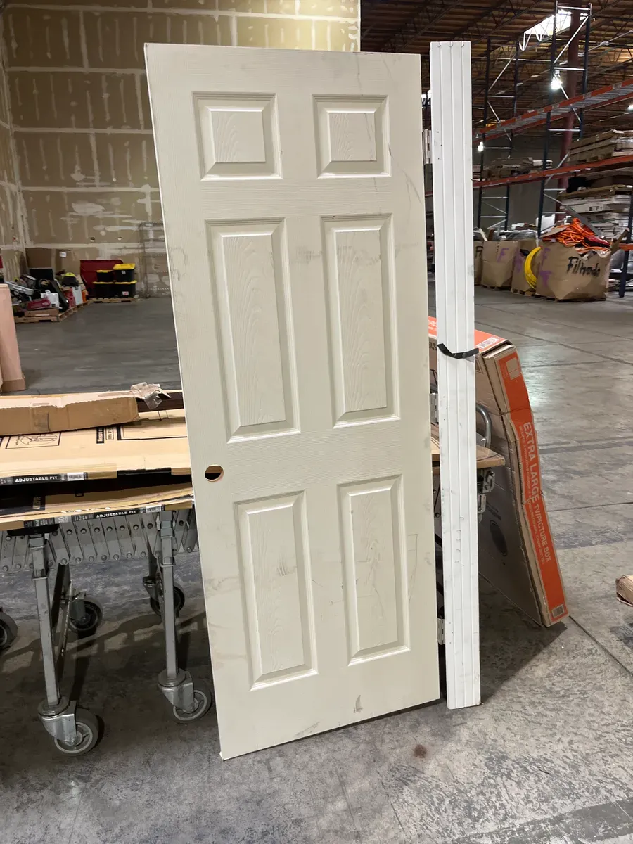 30 in. x 80 in. 6 Panel Right-Handed Primed Composite Hollow Core Single Prehung Interior Door 4-9/16 in. Flat Jamb - image 1