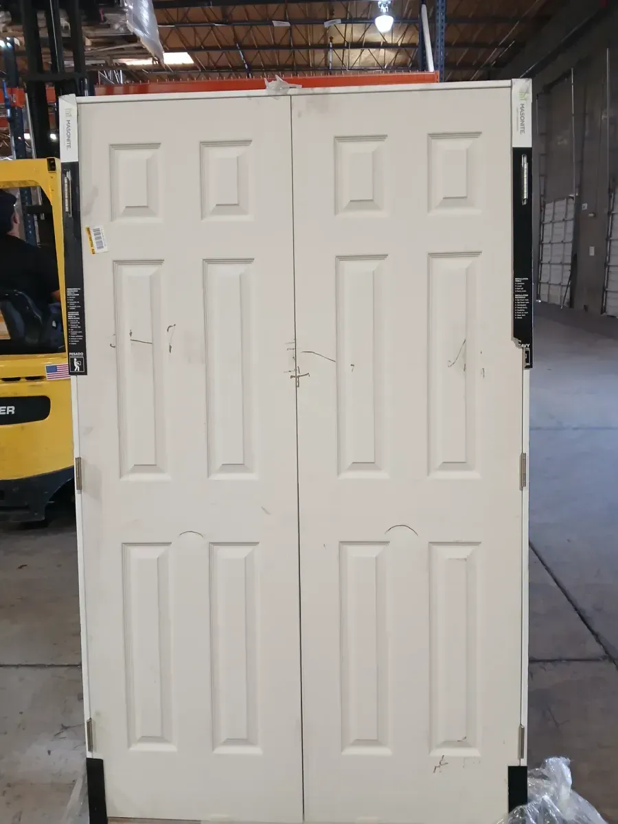 ** has scratches and minor dents **48 in. x 80 in. 6 Panel White Primed Hollow Core MDF. Double Pre-Hung French Door with Quick Assemble Jamb - image 2