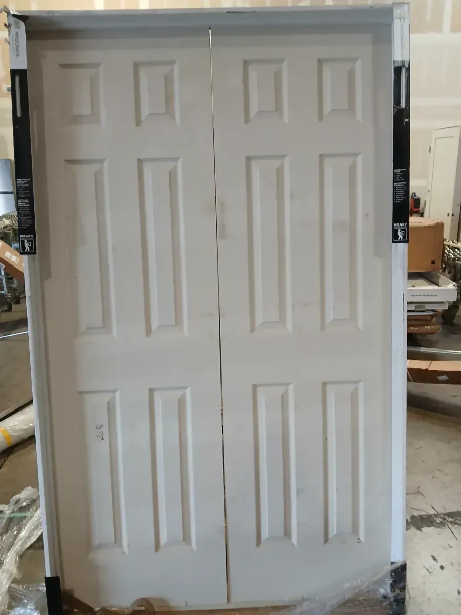 ** has scratches and minor dents **48 in. x 80 in. 6 Panel White Primed Hollow Core MDF. Double Pre-Hung French Door with Quick Assemble Jamb - image 7