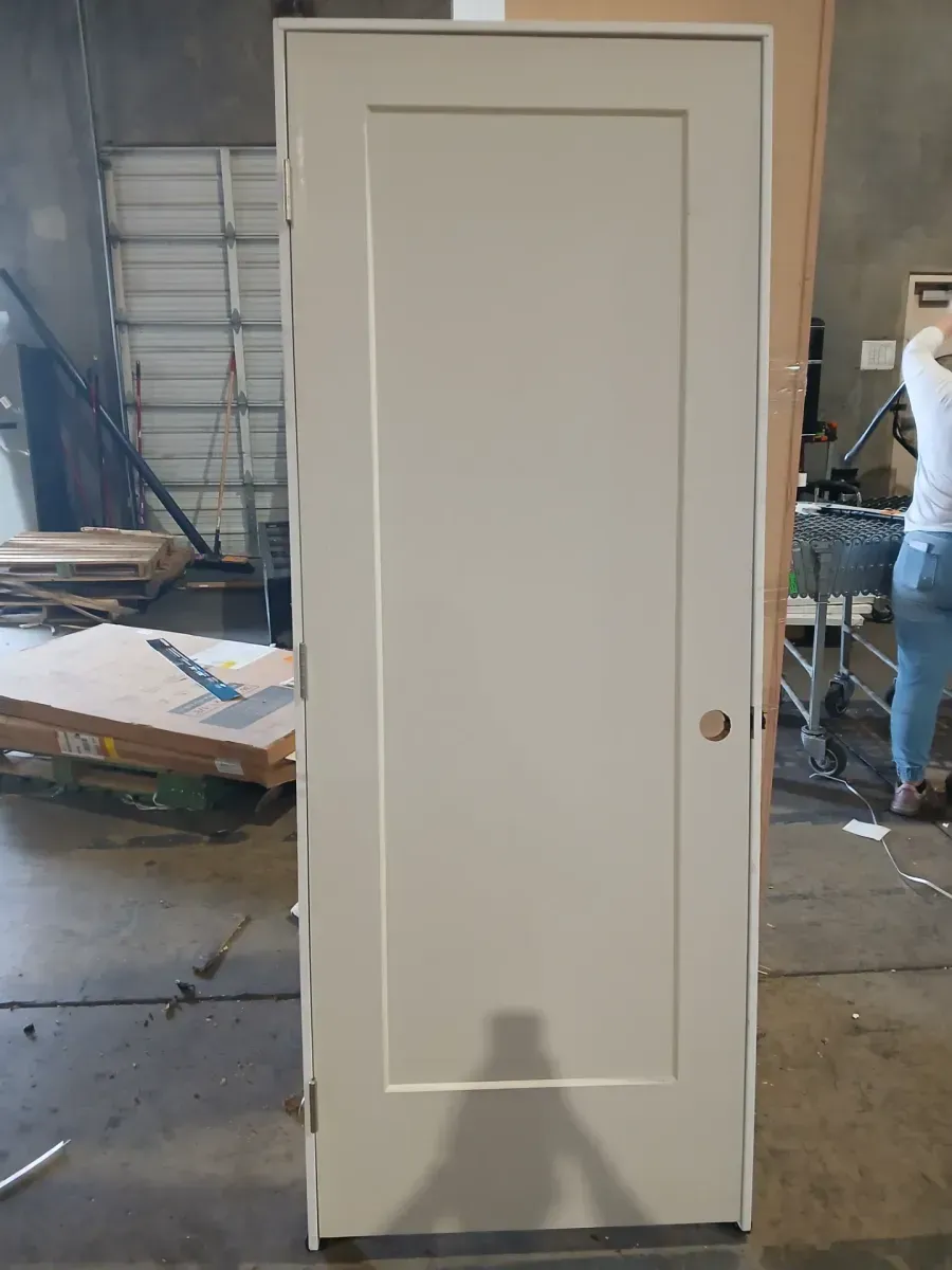 30 in. x 80 in. 1-Panel Shaker Right-Hand Primed White Solid Core Wood Single Prehung Interior Door w/ Bore Hole - image 2