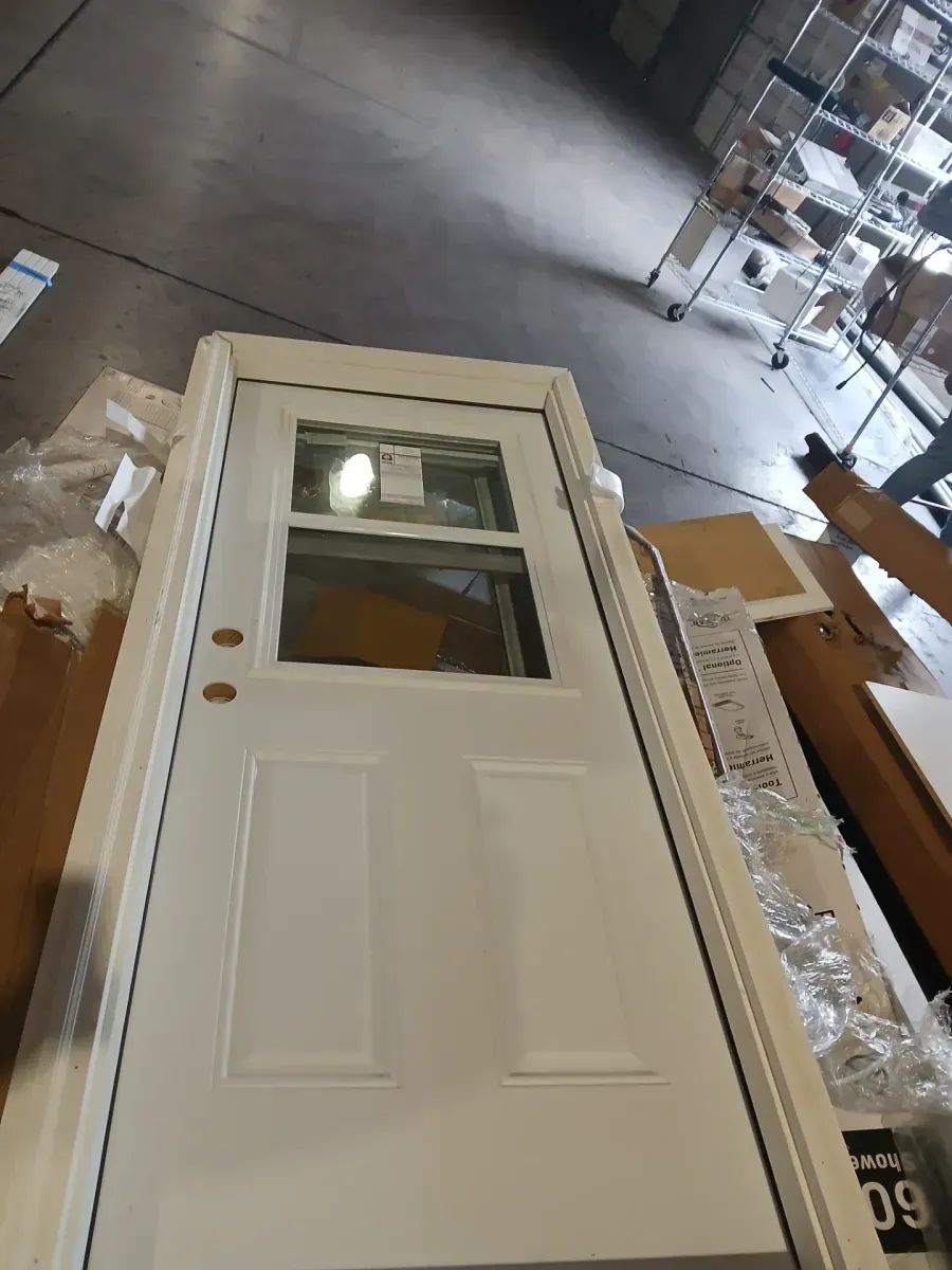 **Frame and the bottom is broken** 32 in. x 80 in. Left-Hand/Inswing Premium 1/2 Lite Clear Glass Vent Lite Primed Steel Prehung Front Door with Brickmold - image 2
