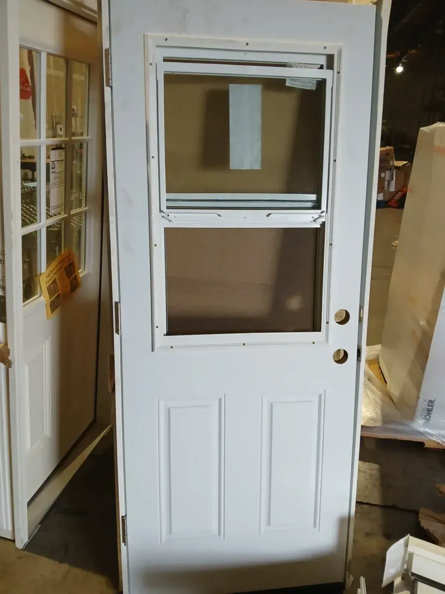 **Frame and the bottom is broken** 32 in. x 80 in. Left-Hand/Inswing Premium 1/2 Lite Clear Glass Vent Lite Primed Steel Prehung Front Door with Brickmold - image 3