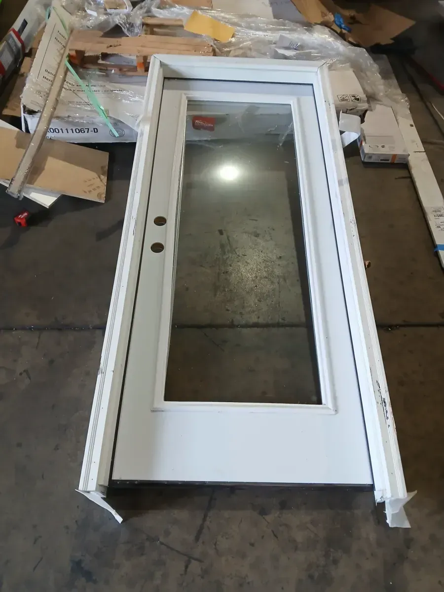 **frame and bottom is broken **32 in. x 80 in. Full Lite Primed Steel Prehung Right-Hand Inswing Entry Door w/Brickmould - image 2